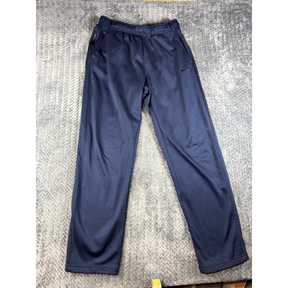 Nike Therma Fit Sweatpants Mens Medium Navy Blue Fleece Lined Logo Straight Leg